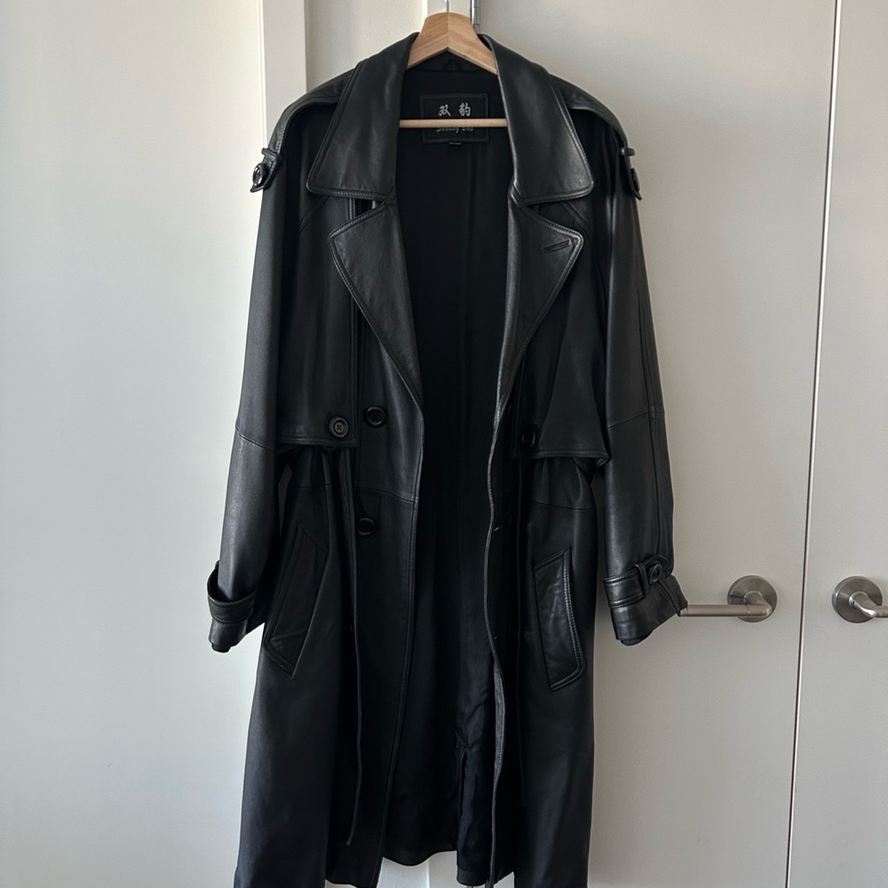 Genuine Black Leather Trench Coat